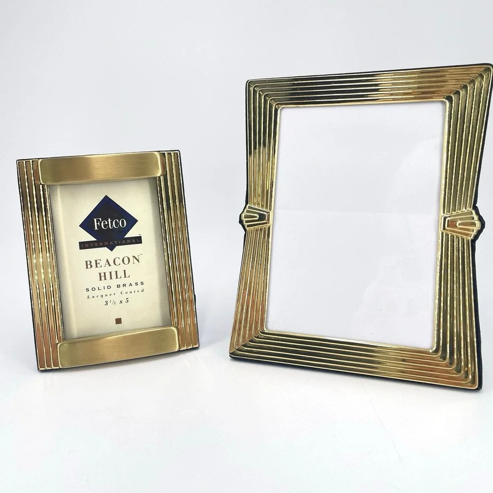 2 Solid Brass Picture Frames Tabletop‎ Stepped Ribbed Art Deco Inspired